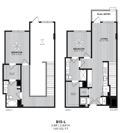 A floor plan for a two-story apartment with a 2 bath and 1,411 square feet.